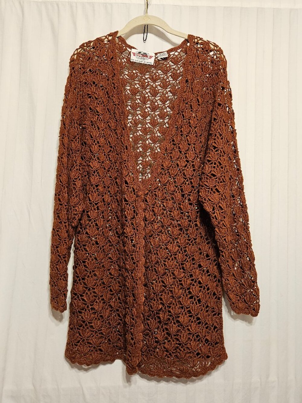 Vintage Rust Brown Open Knit Crochet Sweater. International Extra Touch
